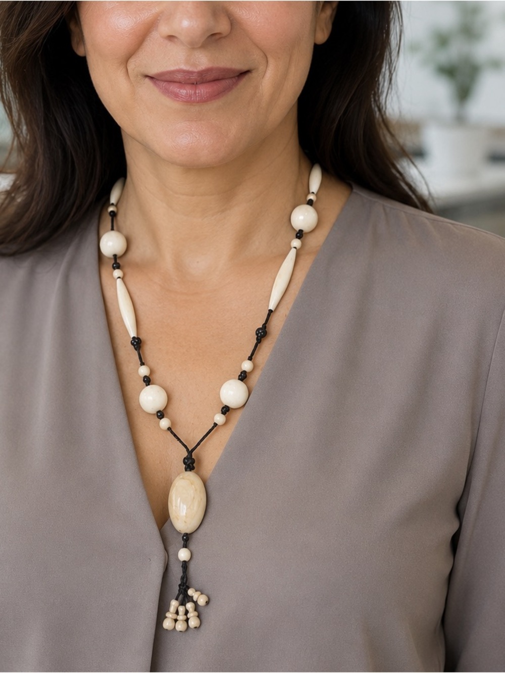 Vintage Carved White Cream Glass Bead Necklace Tassel Pendant Boho Tribal 38"